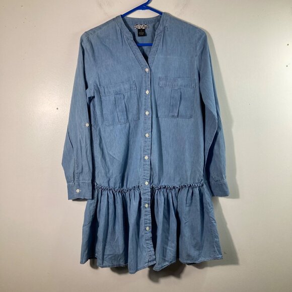 Womens Belle Tweed Chambray Denim Dress Peplum Long Sleeve M Blue Cotton Button - Picture 1 of 5